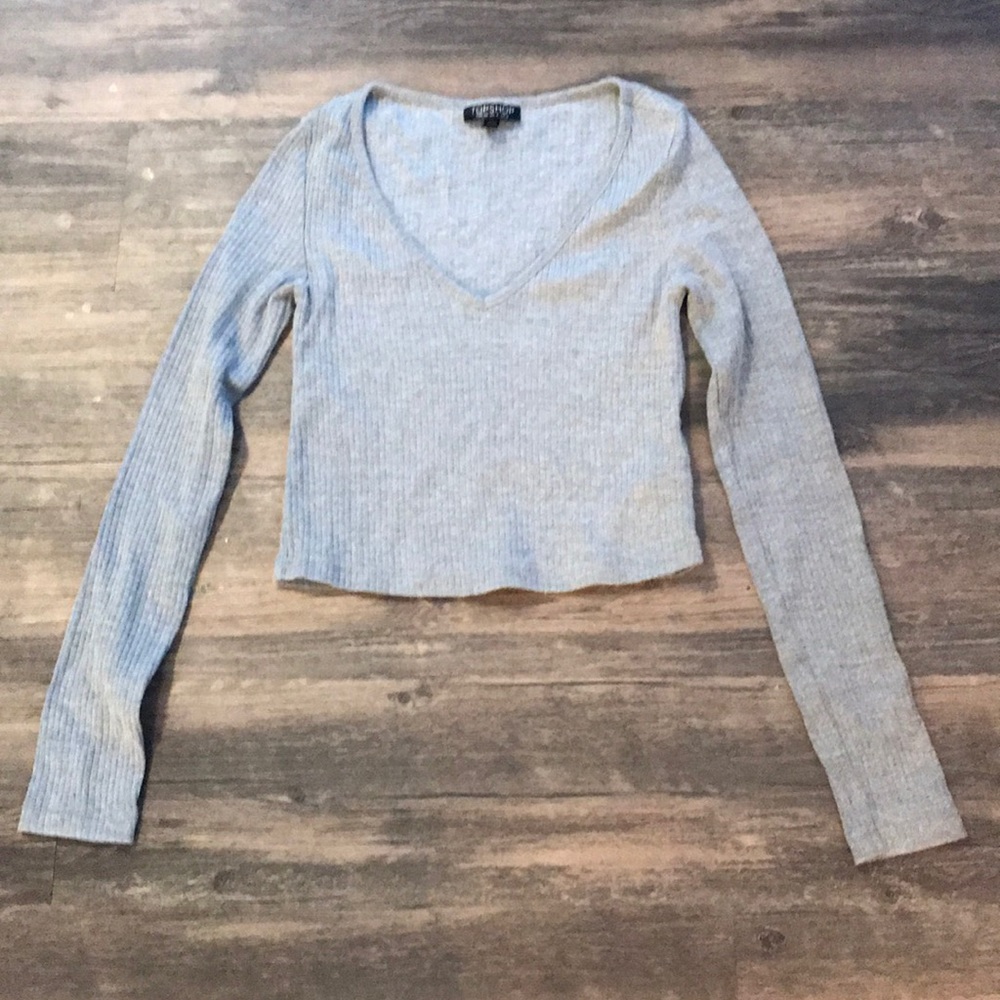 Topshop Grey Long Sleeve Crop Top